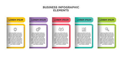 Infographics business template. Visualization of 5-stepped business process. Simple infographic design template. Flat vector illustration for presentation, report.