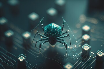 Cybersecurity concept: close-up view at the cybernetic spider on the web looking for a prey. AI