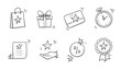 Doodle gift, discount coupon icon set. Hand drawn sketch style bonus prize, loyalty program icon. Money reward program offer doodle. Vector illustration