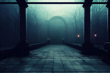 A Foggy Stone Path Leading To An Archway