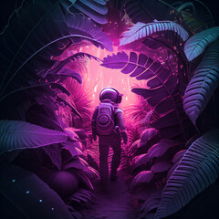 Wall Mural - 3d illustration of science fiction scene showing surreal astronaut in neon lit swampy forest on wate