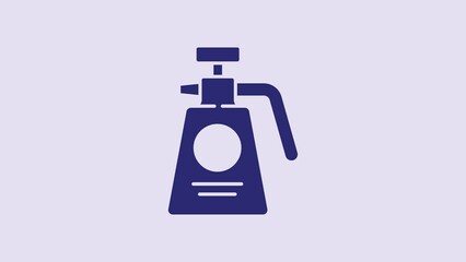 Poster - Blue Garden sprayer for water, fertilizer, chemicals icon isolated on purple background. 4K Video motion graphic animation