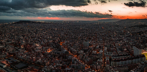 Fototapete - Barcelona street aerial view with beautiful patterns in Spain. Barcelona sunset skyline aerial view with buildings in Spain. Magical sunset over Barcelona.