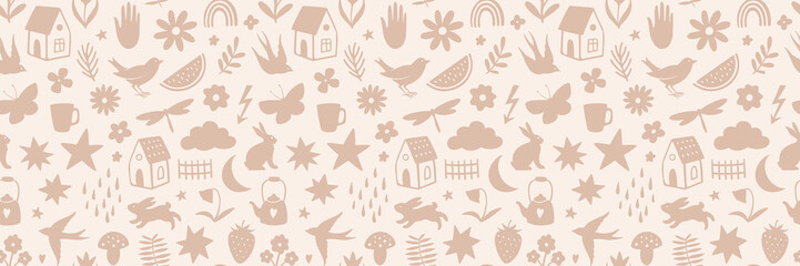 Wall Mural - Hand drawn seamless pattern with doodle silhouette objects. Animals, stars, flowers, cute little symbols. Perfect for textile or paper wrapping design. Vector illustration