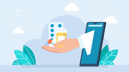 Ordering medicines online via smartphone. Online pharmacy, delivery drugs, prescription medicines order. Fast delivery. Hand with pills, prescription medicines, and antibiotics. Flat illustration