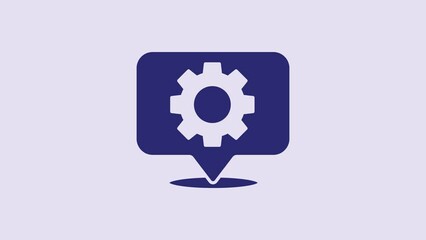 Poster - Blue Location with gear icon isolated on purple background. 4K Video motion graphic animation