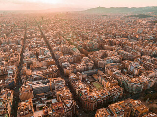 Wall Mural - barcelona street aerial view with beautiful patterns in spain. barcelona sunset skyline aerial view 