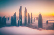 Top of skyscrapers building high above the clouds in the morning sunrise . Futuristic architecture of metropolis city skyline. Peculiar AI generative image.