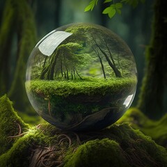 Wall Mural - Concept of Environment - Globe Glass In Green Forest With Sunlight, generative ai