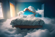 Cozy large double-steel bed with soft white fluffy linen and filler like clouds are shrouded in a bedroom. The concept of sweet sound sleep at home
