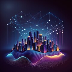 Poster - Dot point for smart cities connect with a gradient grid line, metaverse connection technology concept, generative ai