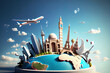 Surprising Travel, world landmarks on the background of blue sky, 3D rendering. Generative Ai