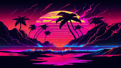 Retrowave 80's Retro Sunset Beach With Palm Trees 8K Wallpaper