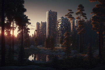 Wall Mural - futuristic beautiful city in the forest at dusk, the concept of wildlife and urbanism, created by a neural network, Generative AI technology