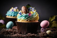 Easter Cupcake And Easter Eggs, Chocolate, Generative AI