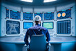 © Adin - Electrical station, Central control panel of nuclear power plant reactor. Engineer at work back view, blue color. Generation AI.