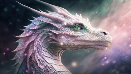 Wall Mural -  a white dragon with green eyes and stars in the sky behind it is a bright light shining down on the head of it's head.  generative ai