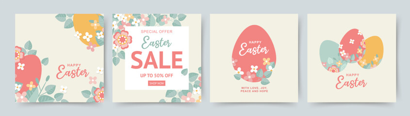 Wall Mural - Happy Easter greeting card, social media post, banner, sale poster, cover, invitation. Vector background in flat style with spring flowers and eggs 