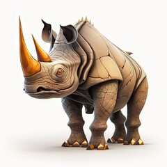 Canvas Print -  a rhinoceros is standing in front of a white background and has a long, curved tail and is very sharp, sharp, sharp, sharp, sharp, sharp, sharp, sharp, sharp, sharp, sharp, sharp,.  generative ai