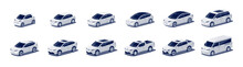 Modern Passenger Cars Body Types Fleet. Micro Mini, Small, Hatchback, Business Vehicle, Sedan Family Car, Crossover, Cuv, Suv, Pickup, Minivan, Van. Isolated Vector Object Icons On White Background.