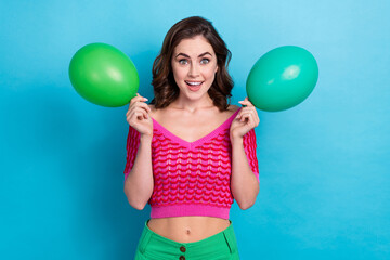 Poster - Photo of pretty cute cheerful lady preparing celebrate bachelorette occasion isolated on blue color background