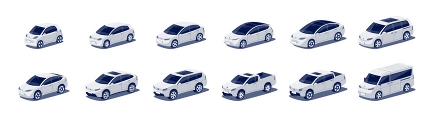 Modern passenger cars body types fleet. Micro mini, small, hatchback, business vehicle, sedan family car, crossover, cuv, suv, pickup, minivan, van. Isolated vector object icons on white background.