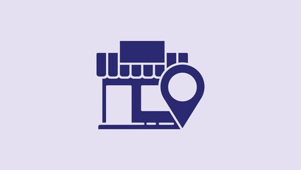 Sticker - Blue Location with store icon isolated on purple background. 4K Video motion graphic animation