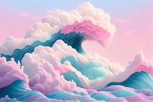 A Computer Generated Image Of A Wave Of Water And Clouds In Pastel Colors And A Pink And Blue Hues, With A Light Pink And Blue Hued Background Of A White And Pink. Generative AI