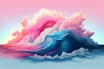 Wall Mural - A computer generated image of a wave of water and clouds in pastel colors and a pink and blue hues, with a light pink and blue hued background of a white and pink. Generative AI