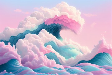 Wall Mural - A computer generated image of a wave of water and clouds in pastel colors and a pink and blue hues, with a light pink and blue hued background of a white and pink. Generative AI