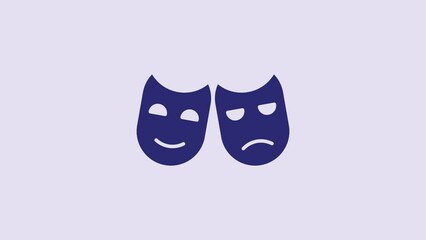 Sticker - Blue Comedy and tragedy theatrical masks icon isolated on purple background. 4K Video motion graphic animation