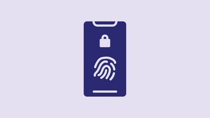 Wall Mural - Blue Smartphone with fingerprint scanner icon isolated on purple background. Concept of security, personal access via finger on mobile. 4K Video motion graphic animation