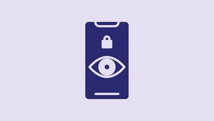 Sticker - Blue Eye scan icon isolated on purple background. Scanning eye. Security check symbol. Cyber eye sign. 4K Video motion graphic animation