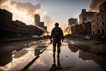 Postapocaliptic scene, military soldier waking on street of destroyed city and searching for enemy soldiers. War Concept. Fire and ruins everywhere. AI generated