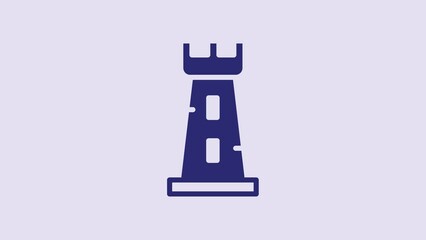 Sticker - Blue Castle tower icon isolated on purple background. Fortress sign. 4K Video motion graphic animation