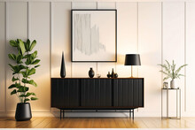 Interior Of Modern Living Room With Black Sideboard Over White Wall With Wooden Paneling. Contemporary Room With Dresser. Home Design With Poster. 3d Rendering - Created With AI