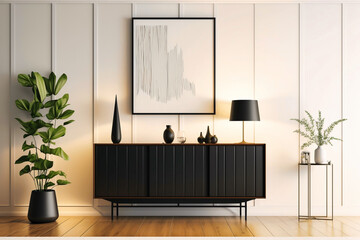 interior of modern living room with black sideboard over white wall with wooden paneling. contempora