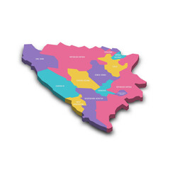  Bosnia and Herzegovina political map of administrative divisions - cantons of Federation of Bosnia and Herzegovina and Republika Srpska. Colorful 3D vector map with dropped shadow and country name