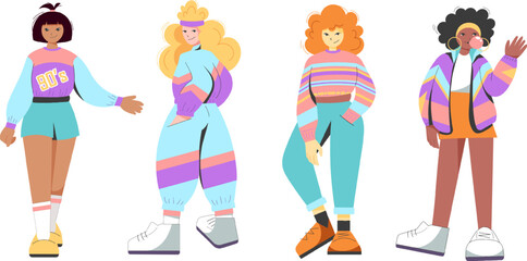 Canvas Print - Flat retro design. Set of women in 90's sports style. Black woman, girl, blonde, redhead in 90's clothing