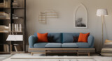 Fototapeta  - Interior design of modern living room, blue sofa near library.