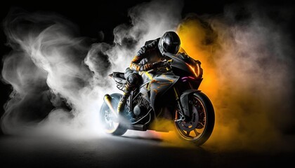 a person riding a motorcycle with smoke coming out of it