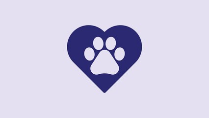 Poster - Blue Heart with animals footprint icon isolated on purple background. Pet paw in heart. Love to the animals. 4K Video motion graphic animation