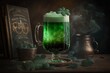 Green St. Patrick's Day beer beverage with a shamrock on top in a rustic background