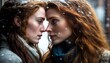 Beautiful attractive young lesbian couple in their intimate moment outdoors in winter. Generative AI
