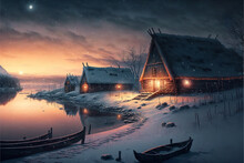 A Medieval Viking Village, Winter, Nightsky, Sunset, Fantasy Art - Generative AI