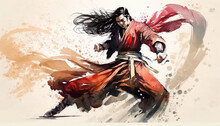 Kungfu Pose, Chinese Painting Watercolor, Generative AI
