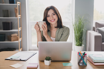 Sticker - Portrait of peaceful positive attorney girl hands hold fresh cacao mug netbook desktop modern workplace indoors