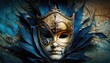  a woman wearing a blue and gold mask with feathers on her head and a blue feather on her face, with a gold mask on her face.  generative ai