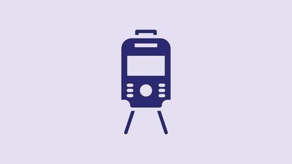 Canvas Print - Blue Tram and railway icon isolated on purple background. Public transportation symbol. 4K Video motion graphic animation