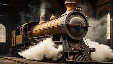  A Steam Engine Train Traveling Through A Train Station With Smoke Coming Out Of It's Stacks And Steam Coming Out Of It's Stacks.  Generative Ai
